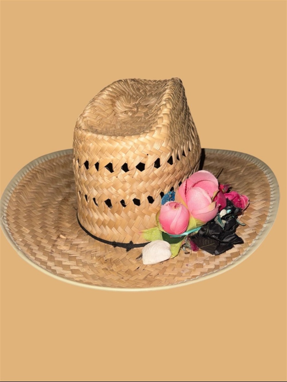Source Unknown Straw Cowboy Hat with Pink Floral Accent